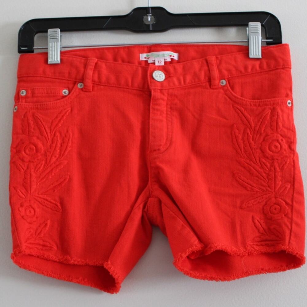 NWT Bonpoint Girl's Red Endy Stretch‎ Denim Shorts Floral Embellishment 12